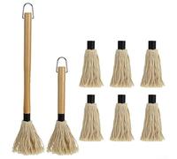 Balai à badigeonner pour barbecue avec 6 têtes en coton de rechange, manche en bois pour sauce, glaçage et pâtisserie - Passe au lave-vaisselle, pour barbecue en extérieur et utilisation en cuisine (D