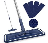 Balai à franges en microfibre pour le nettoyage des sols - Balai à sol plat BPAWA avec 4 patins réutilisables lavables et secs en chenille à long manche réglable, carrelage, vinyle