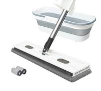 Balai à franges rotatif à 360° avec manche réglable en acier inoxydable pour carrelage, bois dur - Grand design plat pour un nettoyage sans effort, fixation facile du tampon (pliage blanc)