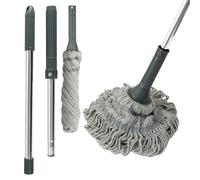 Balai à franges Twist Mop 128 à long manche en microfibre à essorage automatique avec 2 têtes de serpillère, balai de sol en fil de coton très absorbant, tampon à récurer anti-rayures pour les taches
