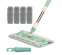 Balai à poussière humide et sec avec 4 tampons lavables, poignée télescopique, outil de nettoyage rotatif à 360° pour cuisine, salle de bain, bois et carrelage
