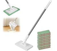 Balai avec Système de Serrage à Pression, Balai Plat à Pince Amovible avec 10 Lingettes Réutilisables, Tête Rotative 360° pour Nettoyage Humide et Sec, pour La Maison, Bureau