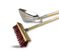 Balai de cantonnier manché + Pelle aluminium | Lot de 3 ensembles | Balai 32 cm | Piste Extérieur | Garnissage brosse PVC rouge | Douille métal Ø 28 mm | Manche bois 1,40 mètre | Kibros 2630BMPLx3