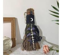 Balai en Cannelle, 19cm Mini Balai Décoratif avec Fleurs Séchées et Obsidienne, Balai de Sorcière Fait Main pour Mariage, Autel, Samhain, Halloween et Wicca, Noir