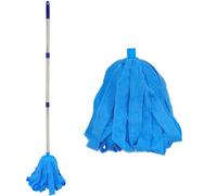 Balai franges avec manche en acier inoxydable et deux t tes de balai en microfibre bleues (1 manche et 2 t tes de balai)