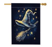 Balai magique de sorcière d'Halloween pour l'avant de la cour, arrière-cour en lin - 71,1 x 101,6 cm - Double face pour l'extérieur - Chapeau de sorcière mignon et amusant - Drapeau imprimé pour la