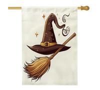Balai magique de sorcière d'Halloween pour l'avant de la cour, arrière-cour en lin - 71,1 x 101,6 cm - Double face pour l'extérieur, chapeau de sorcière amusant - Drapeau imprimé pour la maison et
