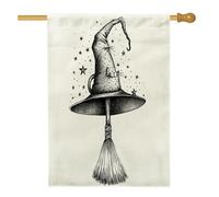Balai magique de sorcière d'Halloween pour l'avant de la cour, arrière-cour en lin - 71,1 x 101,6 cm - Double face pour l'extérieur, chapeau de sorcière gothique noir - Drapeau imprimé pour la maison