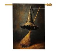 Balai magique de sorcière d'Halloween pour l'avant de la cour, arrière-cour en lin - 71,1 x 101,6 cm - Double face pour l'extérieur - Chapeau de sorcière effrayant vintage - Drapeau imprimé pour la