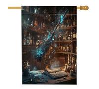 Balai magique de sorcière d'Halloween pour l'avant de la cour, arrière-cour en lin - 71,1 x 101,6 cm - Double face pour l'extérieur, livre de sorcière fantaisie cool et amusant - Drapeau imprimé pour