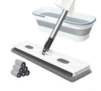 Balai plat avec capacité de rotation complète à 360 degrés et poignée réglable en acier inoxydable pour plusieurs types (seau pliable blanc)
