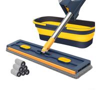 Balai plat rotatif à 360° pour carrelage en bois dur et avec poignée réglable en acier inoxydable pour s'adapter confortablement à différentes hauteurs d'utilisateur (seau pliable bleu)