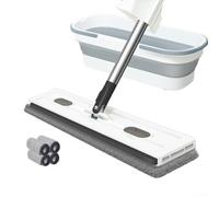 Balai plat rotatif à 360° pour le nettoyage des carreaux de bois dur et des fenêtres avec poignée réglable en acier inoxydable (seau pliable blanc)