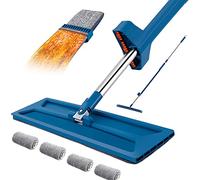 Balai Serpillère avec Essorage Intégré, Vadrouille de Nettoyage Rotative à 360° avec 4 Tampons Microfibre, Mop à Rangement Debout, pour Nettoie des Sols Bois Dur, Carrelage et Stratifié (Bleu)