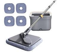 Balai serpillère carrée avec seau à franges auto-lavable et serpillère rotative à 360° pour nettoyage des sols, baignoires, couvertures (ensemble + 4 serpillières)