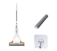 Balai-serpillère en Coton et Caoutchouc essoré, autonettoyant , éponge Plate réutilisable, Outil de Nettoyage des sols ménagers(White-2 Sponge-Hook)
