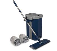 Balai Serpillière Mop Compact Malin - Kit Complet de Nettoyage avec Seau 2 Compartiments Nettoyer / Essorer - Manche 141 cm, Lingettes et Tête Plate et pivotante XL (Balai Pro Bleu + 2 Lingettes)