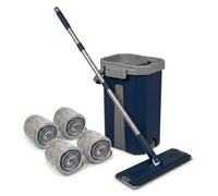 Balai Serpillière Mop Compact Malin - Kit Complet de Nettoyage avec Seau 2 Compartiments Nettoyer / Essorer - Manche 141 cm, Lingettes et Tête Plate et pivotante XL (Balai Pro Bleu + 4 Lingettes)