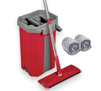 Balai Serpillière Mop Compact Malin - Kit Complet de Nettoyage avec Seau 2 Compartiments Nettoyer / Essorer - Manche 141 cm, Lingettes et Tête Plate et pivotante XL (Balai Pro + 2 Lingettes)