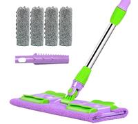 Balai Serpillière Plat - 4 Lingettes Lavables, Manche Réglable Rotatif 360° | Serpillière Plate Multi-Surfaces pour Parquet, Bois, Carrelage | Inclus Raclette À Poussière, Nettoyage Sec Et Humide