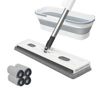 Balai Serpillière Rotatif avec Technologie Essorage Intégré, 2026 Balai Serpillère, Tête Rotative 360°, sans Vous Salir, Nettoyage du Sol en Un Clic (Blanc,4 Tissus+Seau)