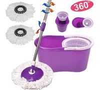 Balai Serpillière Rotatif Tournant Essorage 360° Nettoyage de Sol avec 2 Têtes de Vadrouille Microfibre Hauteur Réglable Violet