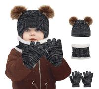 Balakaka 3 en 1 Bonnet Enfant Fille Garçon 2-8 Ans, Chaud écharpe et Gants Bonnet Ensemble pour Enfants, Plus Chaud Douillet Hiver Accessoires Ensemble Set avec Pompon de 3 Pièces,Noir