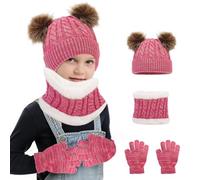 Balakaka 3 en 1 Bonnet Enfant Fille Garçon 2-8 Ans, Chaud écharpe et Gants Bonnet Ensemble pour Enfants, Plus Chaud Douillet Hiver Accessoires Ensemble Set avec Pompon de 3 Pièces,Rose