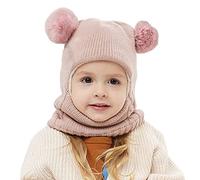 Balakaka Chaud tricoté Bonnet écharpe Ensemble Bonnet, Balle en Peluche Casquette et Écharpe Masque Tricoté,3-en-1 Bébé Enfant Hiver Chapeaux Masque pour Enfants Garçons Filles 2-7 Ans Rose