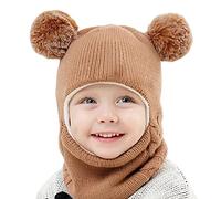 Balakaka Chaud tricoté Bonnet écharpe Ensemble Bonnet, Balle en Peluche Casquette et Écharpe Masque Tricoté,3-en-1 Bébé Enfant Hiver Chapeaux Masque pour Enfants Garçons Filles 2-7 Ans Café
