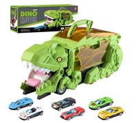 Balakaka Dinosaure Jouet Voiture Enfant avec Poignée, Jouet de Camion de Transporteur Véhicule Dinosaure avec 6 Voitures, Camion Cadeaux pour Garçons Filles de 3-8 Ans,Vert