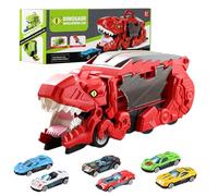 Balakaka Dinosaure Jouet Voiture Enfant avec Poignée, Jouet de Camion de Transporteur Véhicule Dinosaure avec 6 Voitures, Camion Cadeaux pour Garçons Filles de 3-8 Ans,Rouge