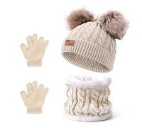Balakaka Ensemble Bonnet Gants Écharpe Bébé Hiver, 3 Pièces Épais Chaud Tricoté Chapeau avec Pompons, Confortable Doux Cache-Cou Doublure en Peluche Hiver pour Filles Garçons Enfants 2-8 Ans