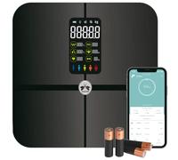 Balance connectée, pèse personne impédancemètre avec un grand écran LCD intégré, connexion bluetooth, Analyse de poids grâce à 15 données, IMC, Rythme cardiaque, Graisse Corporelle, ... piles incluses