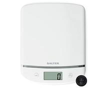 Balance de cuisine digitale Aquatronique Salter - élégante plateforme blanche chrome, balance électronique pour la cuisine, pèse jusqu'à 5kg, liquides ml+fl.oz, 15 ans