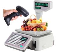 Balance Imprimante d'Étiquettes Numérique avec Code-Barres, 63 Touches Programmables, Capacité 30kg et Double Écran pour Supermarchés, Entrepôts, Traiteurs et Commerces,Machine+Scanner