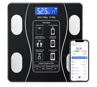 Balance Pèse-Personne Connectée Bluetooth 180kg Impédancemètre 4 Électrodes | Suivi IMC, Masse Grasse, Masse Musculaire, Eau Corporelle, Écran LCD Rétroéclairé, Verre Trempé Noir, Technologie Step-On