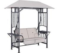 Balancelle de jardin 2 places style colonial grand confort matelas + tablettes supports métal époxy gris foncé polyester gris clair
