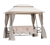 Balancelle De Jardin 3 Places Convertible Style Colonial Grand Confort 2 Coussins + Matelas + Moustiquaires Inclus Noir Beige