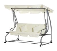 Outsunny Balancelle de Jardin 3 Places Convertible Toit Inclinaison réglable 2 tablettes Support 2L x 1,2l x 1,64H m Acier Noir Polyester Beige