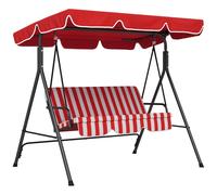 Balancelle De Jardin 3 Places Toit Inclinaison Réglable Coussins Assise Et Dossier 1,72l X 1,1l X 1,52h M Acier Noir Polyester Rouge Et Blanc
