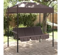 Balancelle de jardin avec toit marron café, cadre en acier revêtu par pulvérisation, banc à bascule de jardin résistant aux intempéries pour terrasse et balcon, pliable comme chaise longue avec