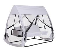 Outsunny Balancelle de Jardin Convertible 3 Places Grand Confort : Matelas Assise Dossier, moustiquaire intégrale zippée avec Toit, Pochette Rangement métal époxy Polyester Blanc