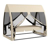 Balancelle De Jardin Convertible 3 Places - Matelas Assise Dossier, Moustiquaire Intégrale, Toit - Métal Polyester Beige