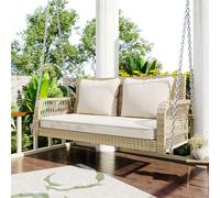 Balancelle de Jardin extérieur, rotin Beige, Coussins Beige, 2 Places, avec Coussins d'assise et de Dossier, déhoussable et Lavable