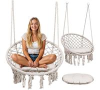 Balancelle de jardin suspendue - JANSHOP - BOHO - Beige - 150 kg - Corde tressée - Structure métallique