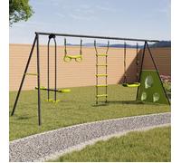IDMARKET Balançoire 4 agrès portique avec balançoire face à face trapèze échelle panier de basket et buts de foot