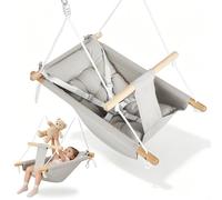 Balançoire bébé 3 en 1, Chaise Suspendue en Bois avec Ceinture de sécurité et Coussin en Coton, hamac-balançoire bébé réglable, balançoire Enfant d'intérieur/extérieur, capacité 60 kg, 6-36 Mois
