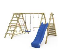 Balançoire double bois WICKEY Smart Shake avec toboggan 220 cm bleu et module d’escalade - 10 ans de garantie*