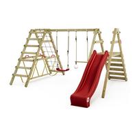 Balançoire double bois WICKEY Smart Shake avec toboggan 220 cm rouge et module d’escalade - 10 ans de garantie*